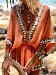 Women Casual Chic Shorts Overalls Sexy V Neck Solid Boho Jumpsuits Summer Elegant Loose 3/4 Sleeve Ladies Beach Jumpsuit