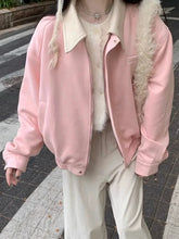 Pink Faux Suede Jacket Women Sweet Long Sleeve Vintage Streetwear Baseball Coat Fall Casual Retro American Y2K Lady Outwear