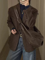 Retro Faux Woolen Blazer Coat Women Harajuku Long Sleeve Fall Winter Y2K Jacket Streetwear American Casual Lady Suit Coat
