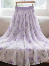Purple Floral Chiffon Long Skirt Women High Waist Sweet Vintage Elegant Skirts Korean Casual Summer Soft Retro Long Skirts