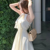 Pbong French Style Irregular Waist Cinched Sleeveless Chiffon Dress Women Summer New Sexy Neck Hanging Short Skirt Dress