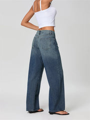 Women's Denim Pants Low Waist Wide Leg Trousers with Pockets Spring Summer Casual Loose Jeans