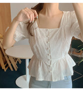 Summer New Korean Pure Color Simple Embroidery Square Collar Waist Slimming Hollow-Out Blouse Woman