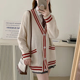 Women Cardigan Sweater Varsity Striped Front Pocket Long Sleeve Button-up Knit Sweater Jacket College Student Girl Preppy Style