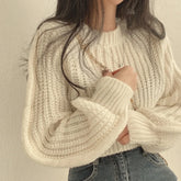 Korean Loose Long Sleeve Sweaters Fashion Women Harajuku Lantern Knit O-Neck Solid Basic Jumpers Autumn Winter Soft Warm Sweater