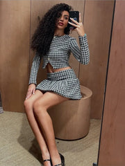 2025 New Spring Houndstooth Tweed Short Coat And Pleated Skirt Women Sets Single Breasted Retro Jacket + High Waist Skirt Suit