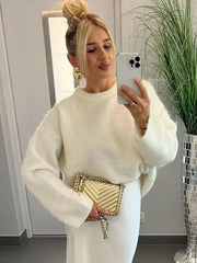 Chic O-neck Mohair Thick Knitted Sweater Women Casual White Loose Cashmere Pullover Lady Autumn Classic Daily Knitwear New