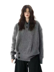 Hip Hop Y2K Gray Cardigan Sweaters Women Loose Streetwear V Neck Design Knitted Coat Casual Vintage Long Sleeve Bf Gothic Tops
