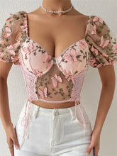 Women Vintage Blouse Butterfly Floral Mesh Puff Short Sleeve Square Neck Corset Crop Tops Summer Elegant Sexy Shirts