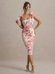 Floral Print Backless Sexy Maxi Dress For Women Gown Spaghetti Strap Square Collar Ruched Bodycon Club Party Dress
