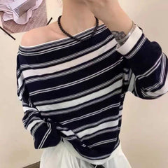 Off Shoulder Striped Knit Top for Women Long Sleeve Off-the-Shoulder Pullovers Jummper Ladies Fall Winter Korean Fashion Outfit
