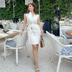 Fashion Simple Slim Fit Blended Short Dress Elegant Solid Color Lapel Summer Dress With Belt Dresses Bouble Breasted Dress