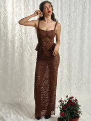 Lace See Through Sexy Maxi Dress Women Elegant Spaghetti Strap Sleeveless Backless Thigh High Split Club Long Dress
