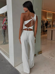 Fashion White Pant Sets Women's Sleeveless Slanted Shoulders Back Hollow Vest Lace Up Casual Trousers Two Pieces Set Lady