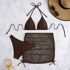 3 Pieces Solid Swimsuit Women Triangle String Bikini Sexy Swimwear Female With Drawstring Skirt Bathing Swimming Swim Suit