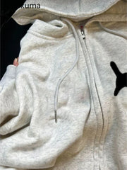Korean Oversized Hoodie Women's Clothing Print Hooded Zipper Long Sleeve Outwear Casual Fashion Y2k Sweatshirts Tops