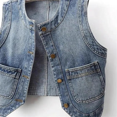 New Ladies Denim Vest Jacket 2025 Summer Retro Versatile Women's Waistcoat Tops Round Neck Sleeveless Female Cowboy Horse Clip
