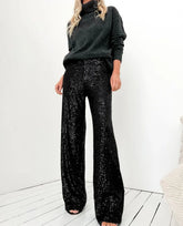 Women's Elegant Silk Sequins Pants, Midi Waist, Loose Long Pants, Classic Trousers, Female Clothing, Fashion, Streetwear,