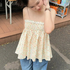 Y2k Elastic Bust Strapless Flowy Camisole Floral Graphic Print Tube Tops Fairycore Sweet Cute Off Shoulder Backless BabydollVest