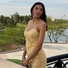 Flower Print Yellow Fashion Long Dress 2025 New Sleeveless V-neck Tulle Slim Sexy Party Dress Vacation Beach Woman Clothing