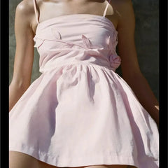 3d Plant Flower Sweet Chic Pink Short Dress Sleeveless Square Collar Fashion Summer Dress For Women Elastic Bust Female Vestidos