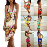 Pbong mid size graduation outfit romantic style teen swag clean girl ideas 90s latina aesthetic freaknik tomboy swaggy going Backless Beach Dress Bikini V-Neck Sleeveless Casual Dress Floarl Print Maxi Dress Swimwear Women Swimsuit Cover Up Beachwear