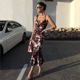 Vintage Flower Printting Slim Fishtail Dress For Summer V-neck Sleeveless Women Long Dress New Party Dress Vestidos