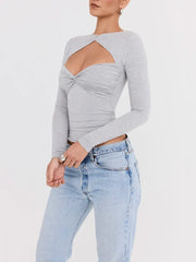 Gray Strapless Long Sleeve Sexy T-shirt Women Spring Summer Cropped Tops Hollow Out Skinny Tops Fashion Crop Tops