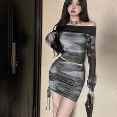 American Sexy Off The Shoulder Slim Fit Two Piece Sets Constrast Color Y2k Aesthetic Long Sleeve Tops Side Drawstring Skirts