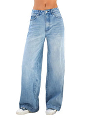 Pbong Women Jeans High Waist Wide Leg Pants with Pockets Fashion Casual Long Trousers