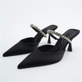 Woman High Heel Sandals Mules Metal Chain Decorate Black Stiletto Fashion Pumps Summer Women Slingback Sandals