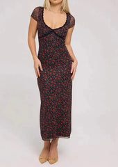 French Retro Floral Print Dress Sweet Chic Lace V-neck Slim Long Dress Short Sleeve Tight Women Dress Vacation Female Clothing