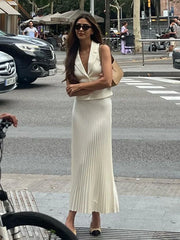 Folds Long Skirt Two Pieces Set Women's Notched Sleeveless Short Vest Top High Waist Solid Maxi Skirt Fashion Sets