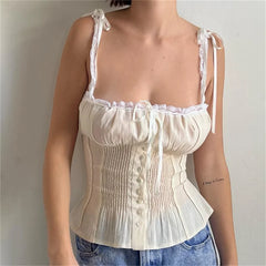 White Y2k Crop Top Cute Bow Square Collar Ruffles Sleeveless Tops Women Harajuku Button up Fairycore Tee Chic Korean Summer Tops