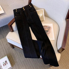 High Waist Multiple Metal Buttons Split Flare Women Pant Fashion Slim Chic Denim Trousers New Korean Loose Women Clothing