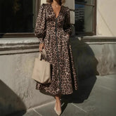 Pbong Sexy V-neck Leopard Print Lantern Sleeve Zipper Shirt Dress Long Dress Women's Fashion Spring Autumn Clothing High Waist A- li..