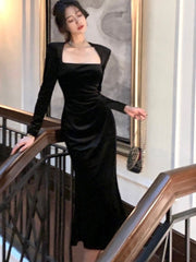 High Quality Spring New Women Elegant Long Black Velvet Dress Sexy Prom Evening Party Birthday Club Fashion One Piece Clothing