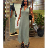 Fashionslim fit V-neck sleeveless long dress turn down collar tight green knitting summer dress simple casual female clothing