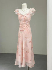 French Holiday Style Sweet Summer Dresses Women New Fashion Floral Pink Chic Long Dress Female Elegant Korean Popular Clothes