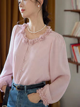 Elegant 3D Floral Blouse Women Vintage Sweet O Neck Long Sleeve Shirt Fall French Retro Casual Female Ruffles All Match Pink Top