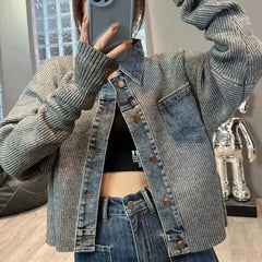 Korean style design, niche, loose sweater, women's autumn new denim patchwork knitted top jacket