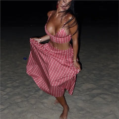 Stripe Bras And Pleat Skirt Sets Sexy Casual Boho Crop Top + Skirts Two Piece Set Vacation Woman Clothing 2025 New Summer Suit