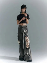 Fashion American Vinateg Hole Cross Lace Up Design Denim Pants Y2ka Esthetic High Street Baggy Wide Leg Trousers Punk Bottoms