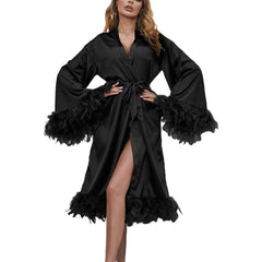 Pbong Women Satin Robe Sleepwear Solid Color Casual Feather Trim Long Sleeve Pajama Dress Ladies Loungewear Nightwear Bathrobe