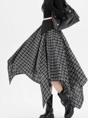 Y2K Streetwear Plaid Long Skirt Women High Waist Retro Hip Hop Irregular Skirt Fall Casual American Gothic Female Long Skirts
