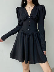 V-Neck Long Sleeve Pleated Party Dress