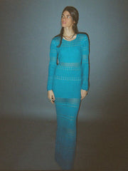 Backless Bandage Flare Sleeve Knitted Long Dress Women Loose O Neck Knitting Dressses Female Hollow Out Casual Robes