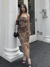 Leopard Print Skirt Suit Women's Sexy Strapless Vest Ribbon Mesh Spliced Long Skirt Fashion High Waist Two Piece Set