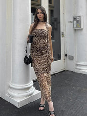 Leopard Print Skirt Suit Women's Sexy Strapless Vest Ribbon Mesh Spliced Long Skirt Fashion High Waist Two Piece Set