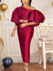 Pbong mid size graduation outfit romantic style teen swag clean girl ideas 90s latina aestheticBirthday Dress Women Long Bodycon Party Diagonal Collar Big Lantern Sleeves Christmas Elegant Event African Evening Home Coming